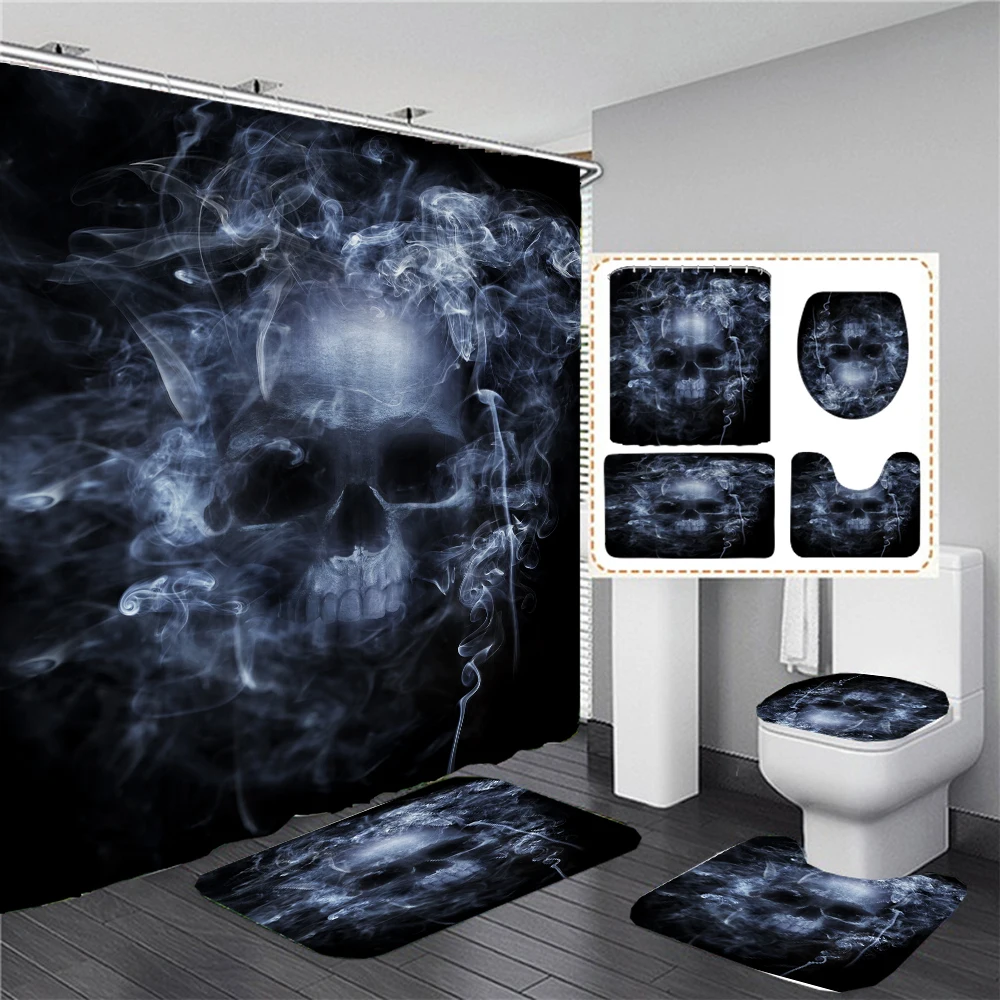 Black Skull Skeleton Printed Shower Curtain Set Horrible Halloween Festival Bathroom Decor Pedestal Rug Lid Carpet Toilet Cover