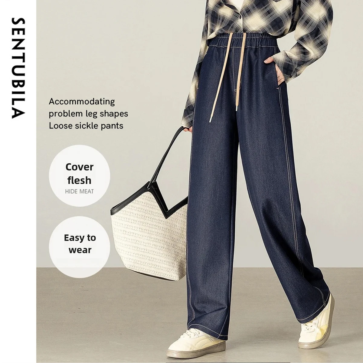

SENTUBILA Women's Casual Pants 2025 Autumn Contrast Drawstring Waist Slim Fit Trousers Commuter Wear Ladies Bottoms 153KN1855