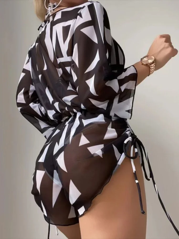 Set bikini a triangolo con stampa sexy 2023 Costume da bagno donna push up a 3 pezzi con scollo all'americana Abito copricostume a maniche lunghe con perizoma Biquini