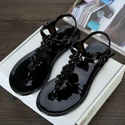 Women jelly Sandals Summer Handwork Flower 2024 New Clip Toe Flip Flops Shoes Female Flat Casual Beach Holiday Non-slip