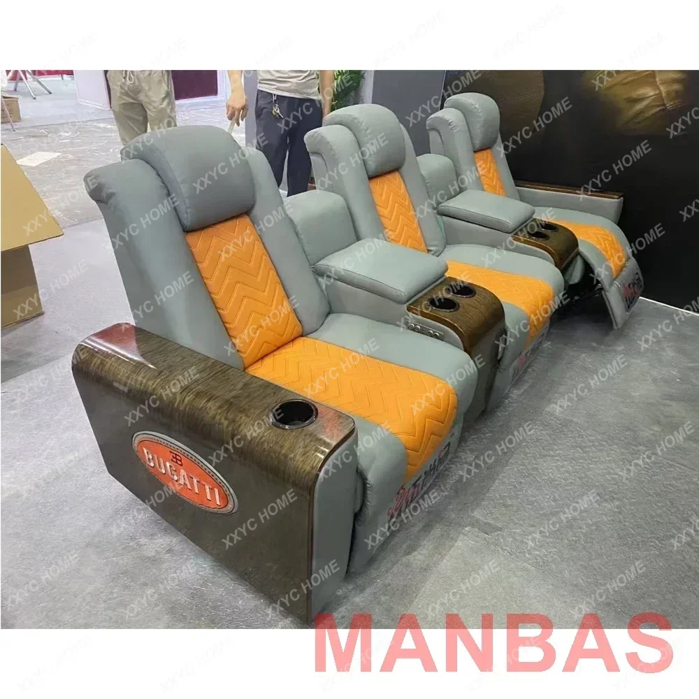 A Power Reclining Home Theater Sofa – Dual Motors Genuine Leather Electric Recliner with Massage, USB, Refridgeration Cup Hold