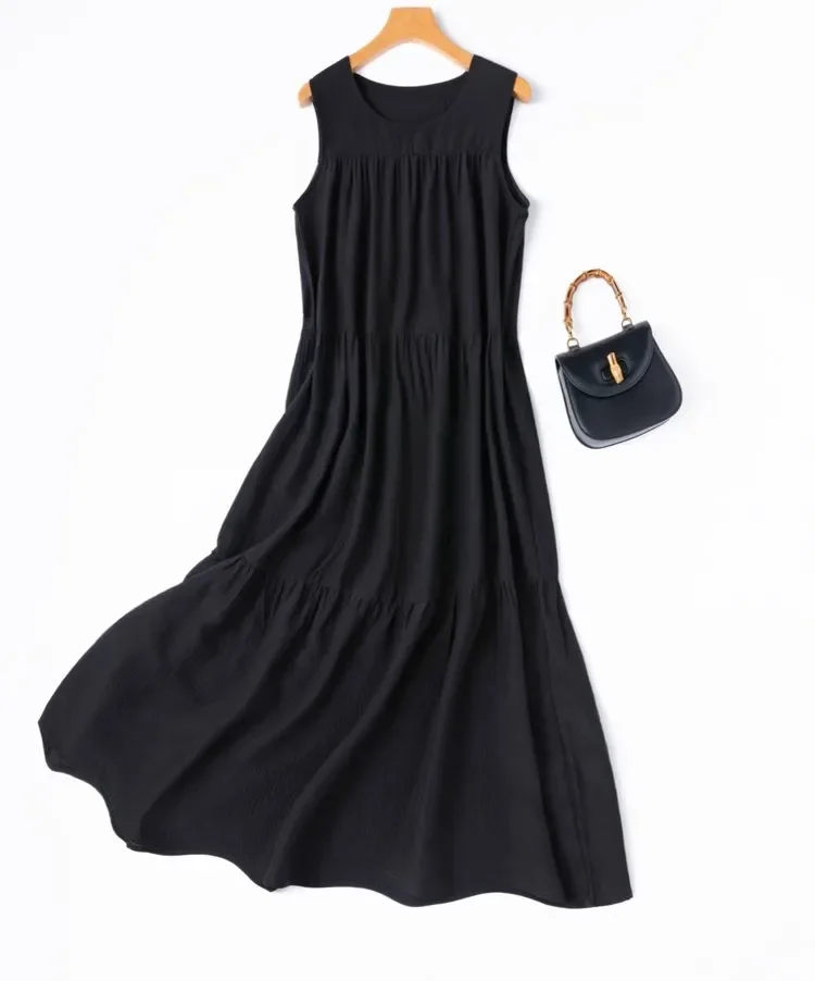 Tcyeek 100 ℅   Vestido de seda amoreira para mulher, decote em o solto sem mangas preto moda em camadas vestido, 2025 novo verão d55608jf