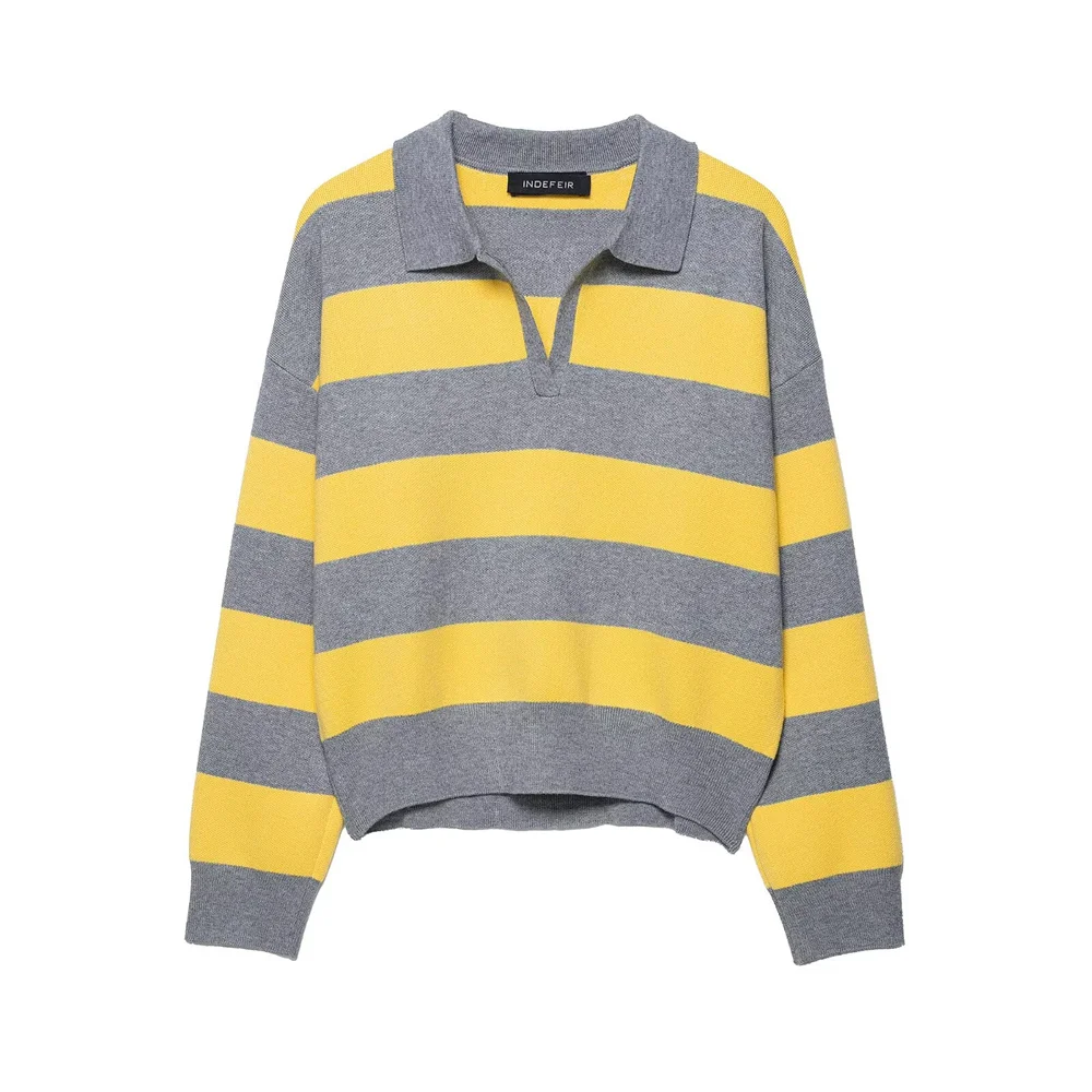Autumn new women's clothing sweet and fashionable loose POLO collar striped knit sweater for women
