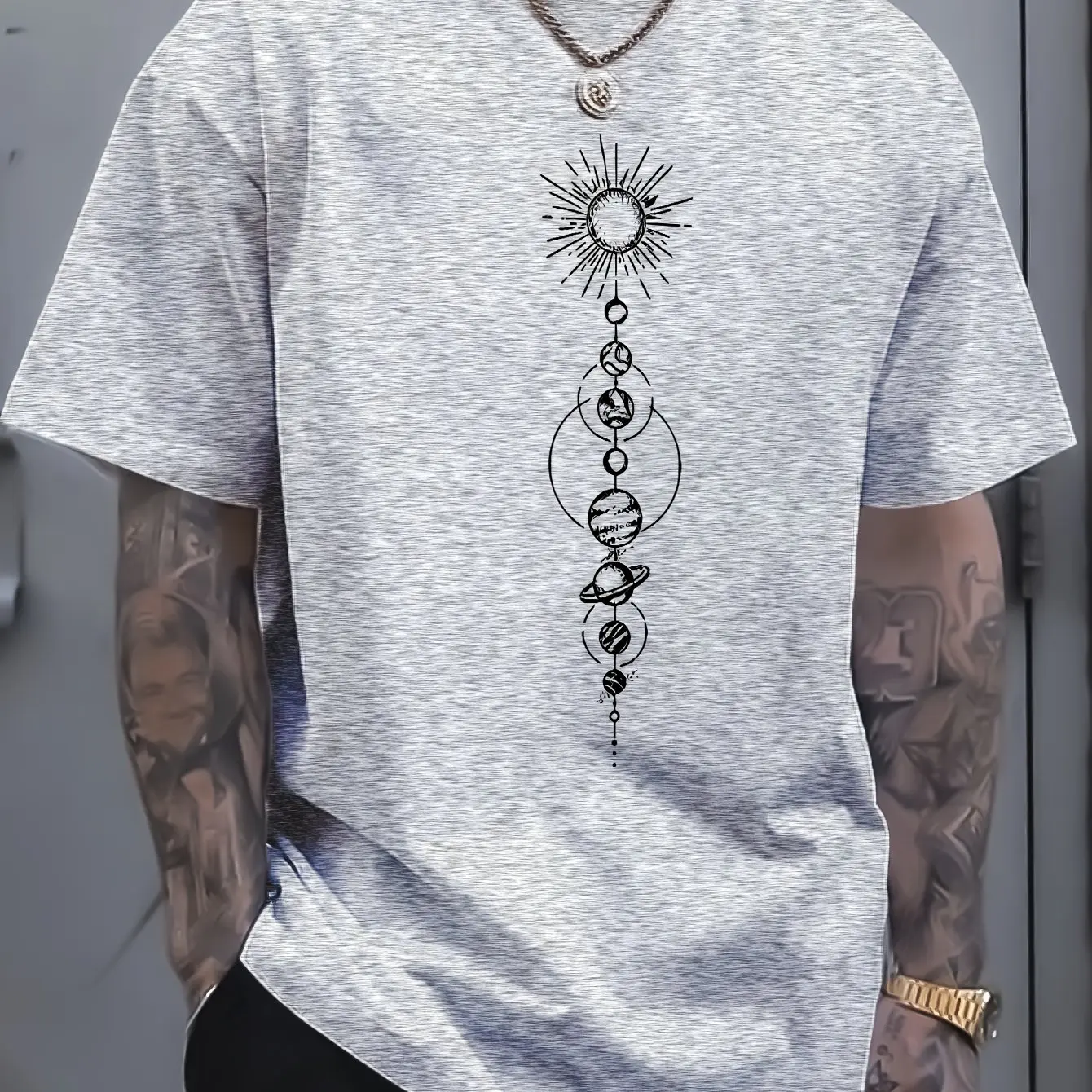 Minimalist Solar System Planets Sun Line Graphic T-shirt Space Astronomy Aesthetic Unisex Black Cotton Oversized Tee