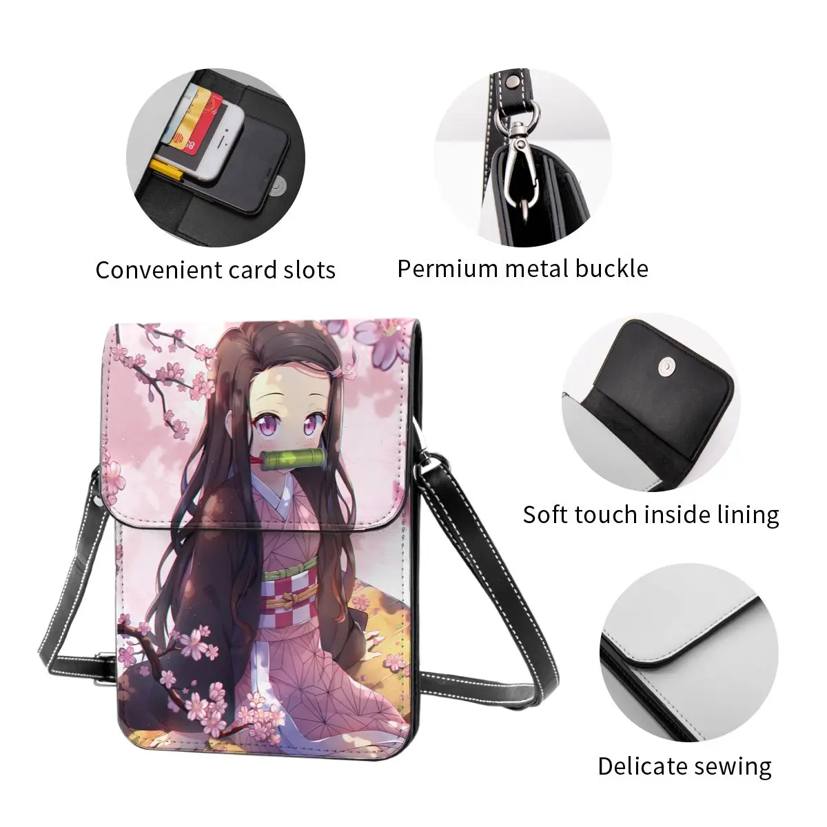 Demon Slayer Crossbody celular Bag, Bolsa de ombro, Cell Phone Purse, Alça ajustável