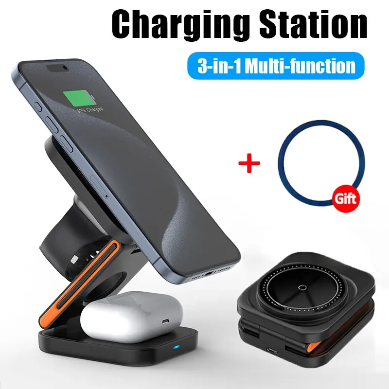 3 In 1 Fodable Magnetic Wireless Charger Stand Pad For iPhone 15 14 13 12 Pro Max Apple Watch 8 7 6 AirPods Fast Charging  Dock