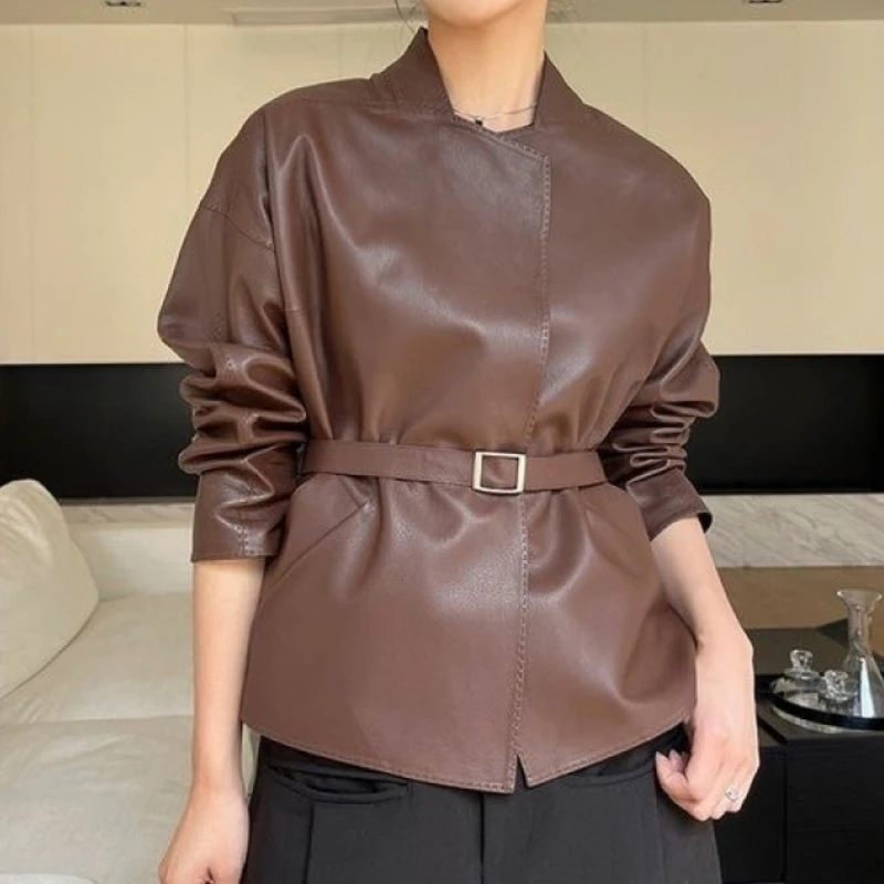 Vintage Stand Neck Belt Jackets for Women Fashion Temperament Outwear 2025 Ropa Mujer Solid Casual Leather PU All Match Y2k Coat