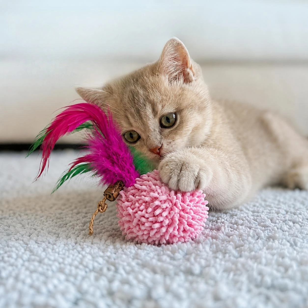 Jouet interactif pour chat en argentier et plumes, jouet à frapper silencieux avec pompon pour chats adultes et chatons, pour le jeu quotidien.