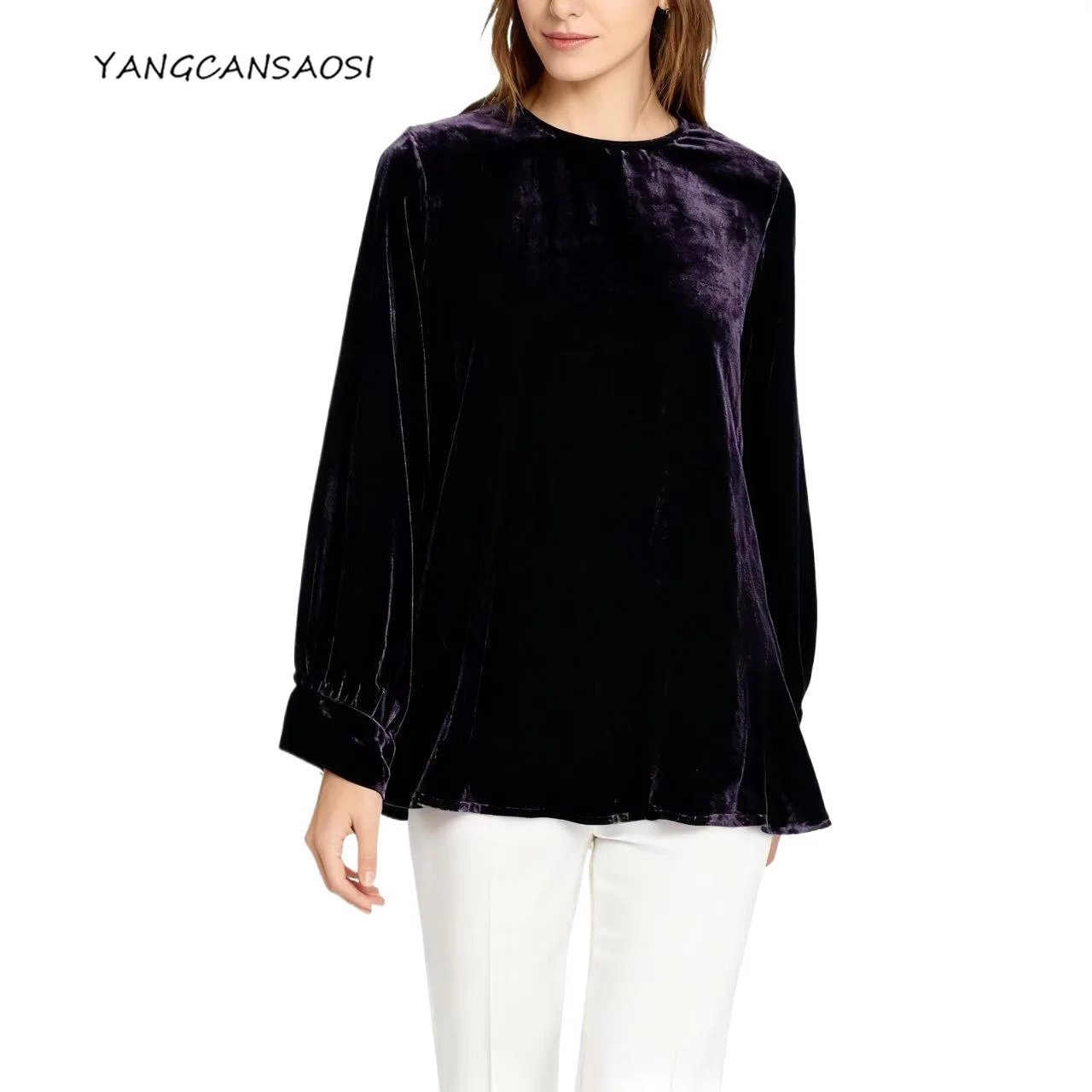 

2025 женская модная осенняя одежда 30% натуральный шелковый бархат с круглым вырезом и фонариком с длинным рукавом, простая повседневная футболка