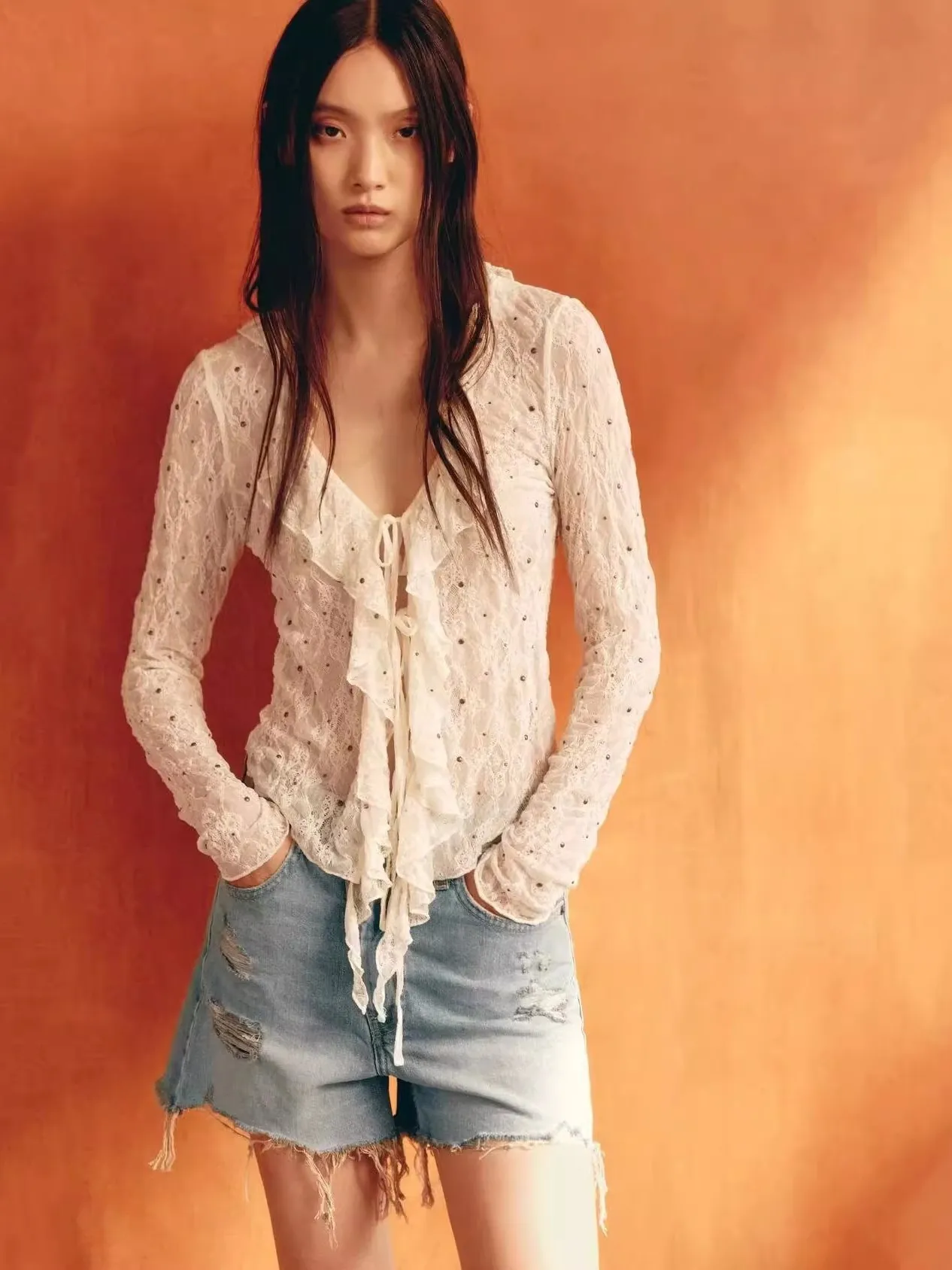 

Ele Women's Long Sve V-Ne Lace irt Rivet Faion Autumn New Arrival Premium Quali Resistant to Deformation