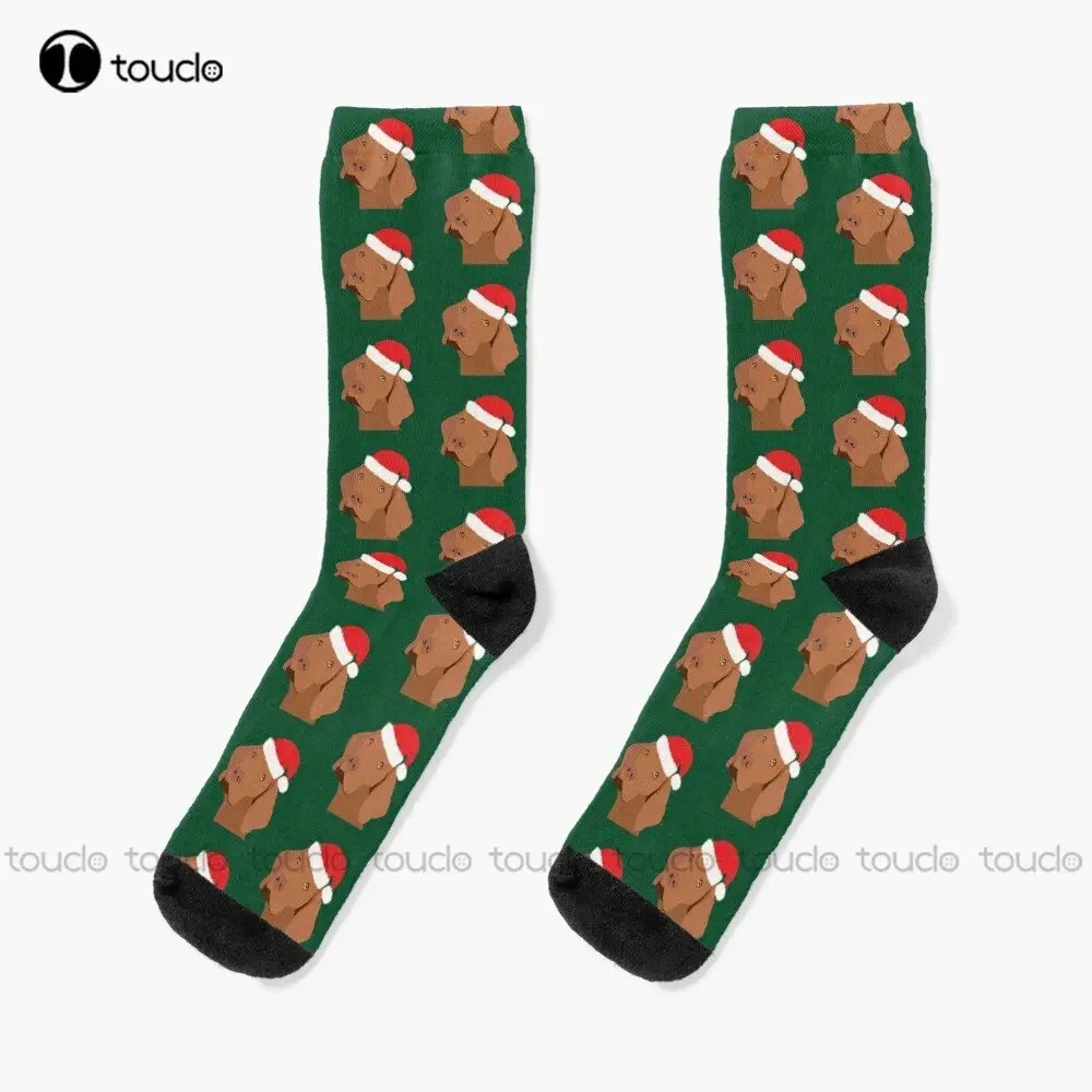 

Vizsla Dog Wearing A Santa Hat Socks Blue Socks 360° Digital Print Personalized Custom Unisex Adult Teen Youth Socks Custom Gift