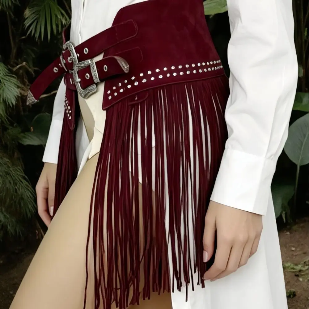 Classic Soft Matte Look Western Waist Belt Extra Wide Rivet Decor Double Buckle Belt Suede Material Boho Belt Y2K Fashion