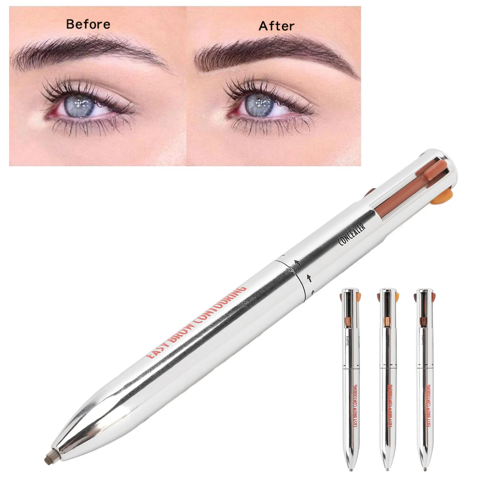 Caneta de destaque para contorno de sobrancelha 4 em 1, à prova d'água, longa duração, maquiagem para os olhos, ferramenta de beleza, lápis de definição de sobrancelha