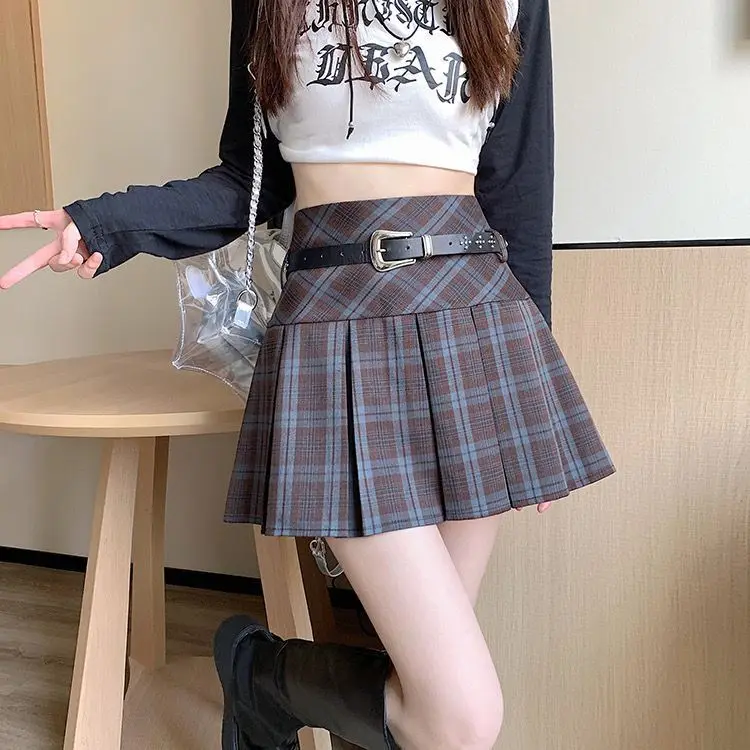 plaid skirt women's autumn design feeling belt pleated short  small man thin high waist A-shaped skirt