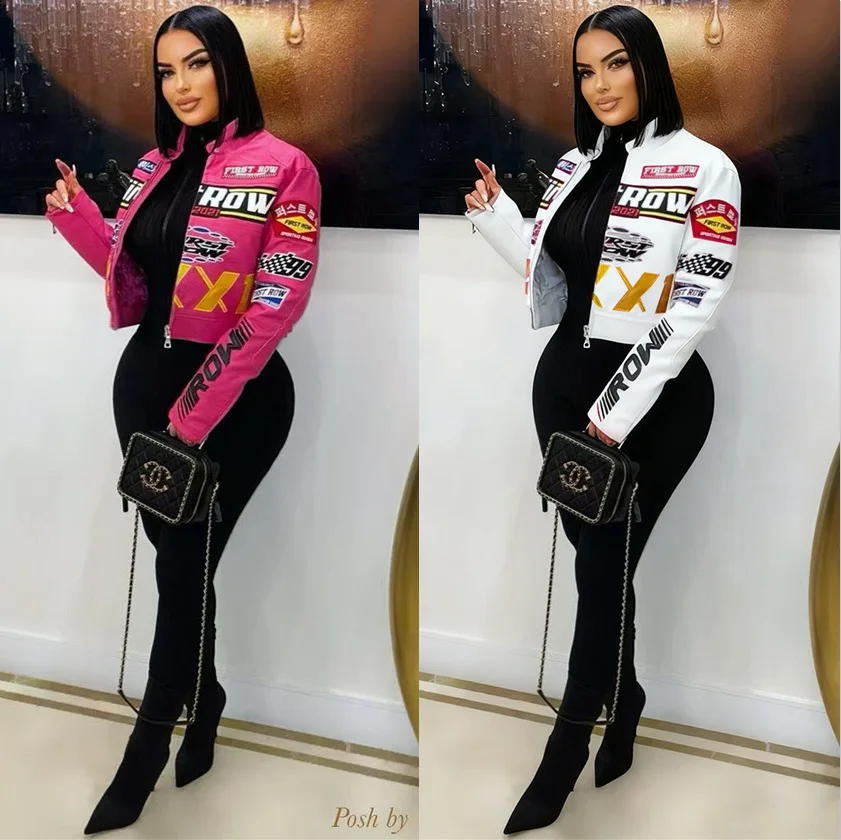 

Winter Leather PU Jackets Women Crop Varsity Baseball Coats Y2K Streetwear 2025 Fall Letter Print Cyber Racer Jackets Coats