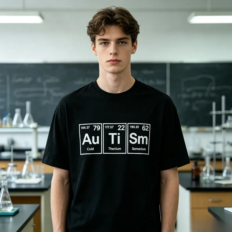 “Au Ti Sm” Gold Titanium Samarium Periodic Table Print T-Shirt Men’s Soft Modal Crewneck Tee Casual Top for Science Geek Wear
