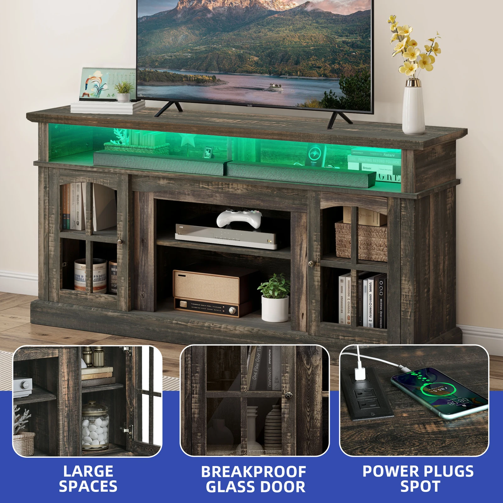 

LED TV Stand Cabinet With Power Outlets for 70" TVs Console Entertainment Center