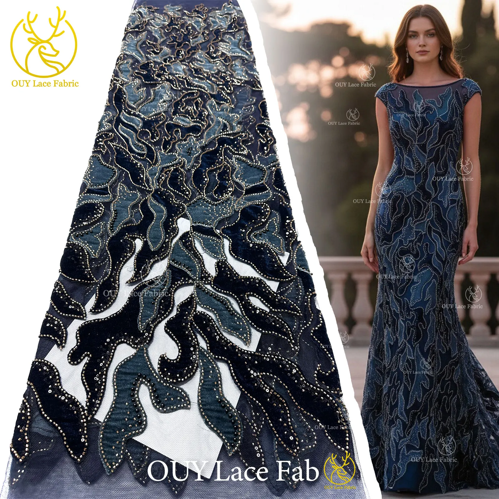 Roter Samtstoff mit Perlen und Pailletten, Spitzenstoff 2026, eleganter bestickter Tüllstoff für Bräutigam, französisches Hochzeitskleid, Abendkleid, zum Nähen, 5 Yards – Detail 4