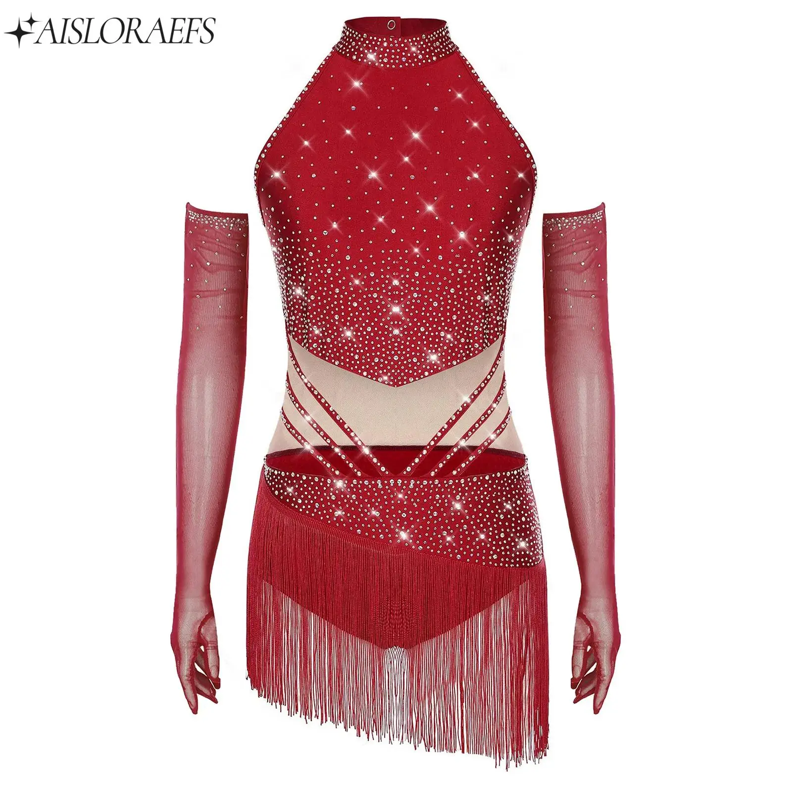 Womens Latin Figure Skating Dance Outfit Sleeveless Tassel Skirted Bodysuit Mesh Gloves Set for Stage Performance Competition