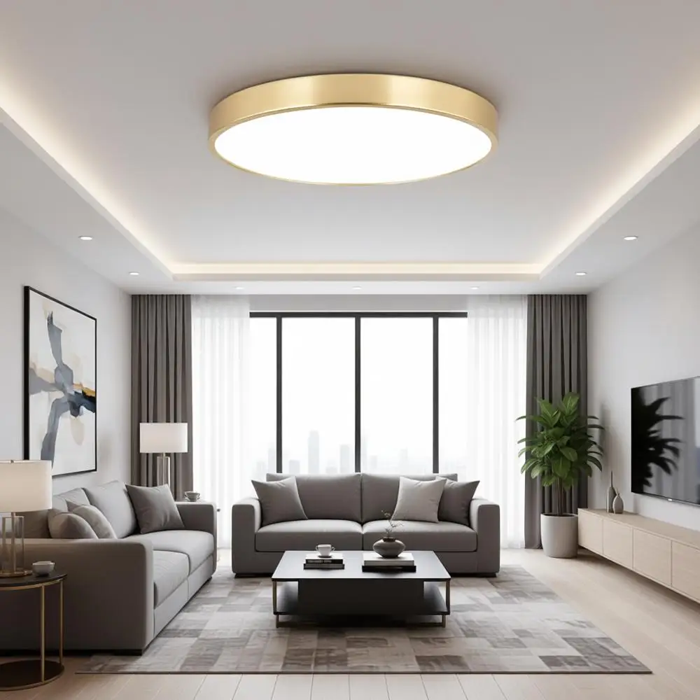 

12 Inch Brushed Gold Metal LED Ceiling Light, 3000-5000K 20W Thin Round Low Profile Fixtures for Bedroom, Living Room, Kitchen,
