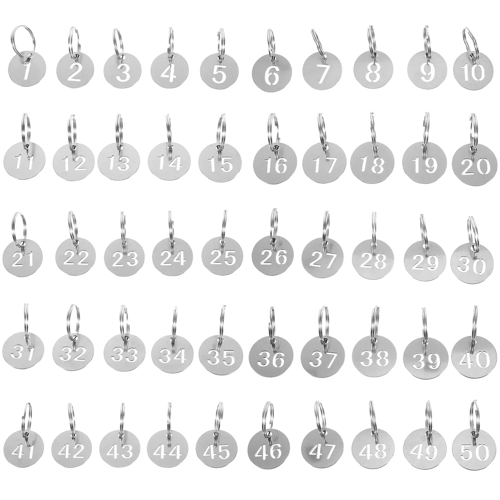 50 Pcs Stainless Steel Number Plate Key Labels with Rings Tags Round Hanging for Luggage Metal Numbered Keyring