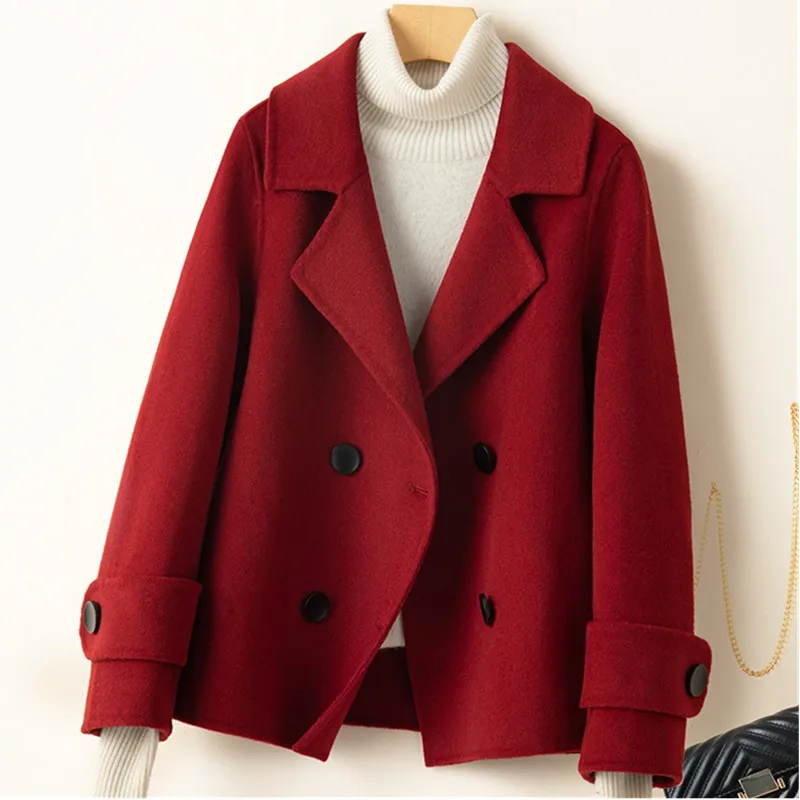 UHYTGF High-End Double-Sided Cashmere Coat Women Double Breasted Casual Spring Autumn100% Wool Jacket Female Short Outewear 2620