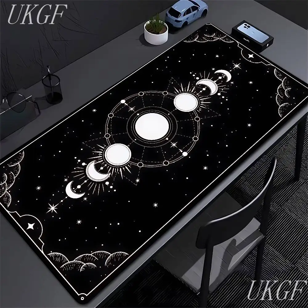 White & Black Deskmat Gaming Tarot Astrology Aesthetic Rubber Mousepad 120x60cm Cartoon Celestial Moon Phases Non-slip Mouse Pad