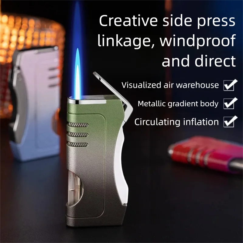 Wholesale of new inflatable side press ignition metal body visible air chamber windproof direct impact lighter