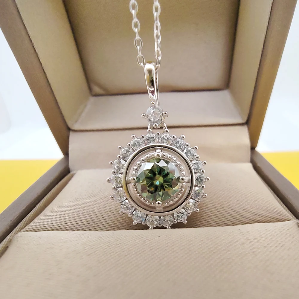 Luomansi Green Moissanite Sunflower Necklace 1 Carat VVS GRA Certificate S925 Silver Girl Jewelry Anniversary Gift