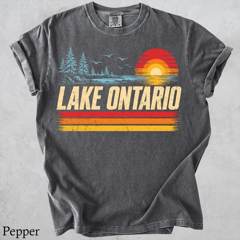 Lake Ontario T Shirt Great Lakes Sunset Graphic Tee Retro Canada Vacation Gift Cottage Country Outdoor Aesthetic Tops Unisex