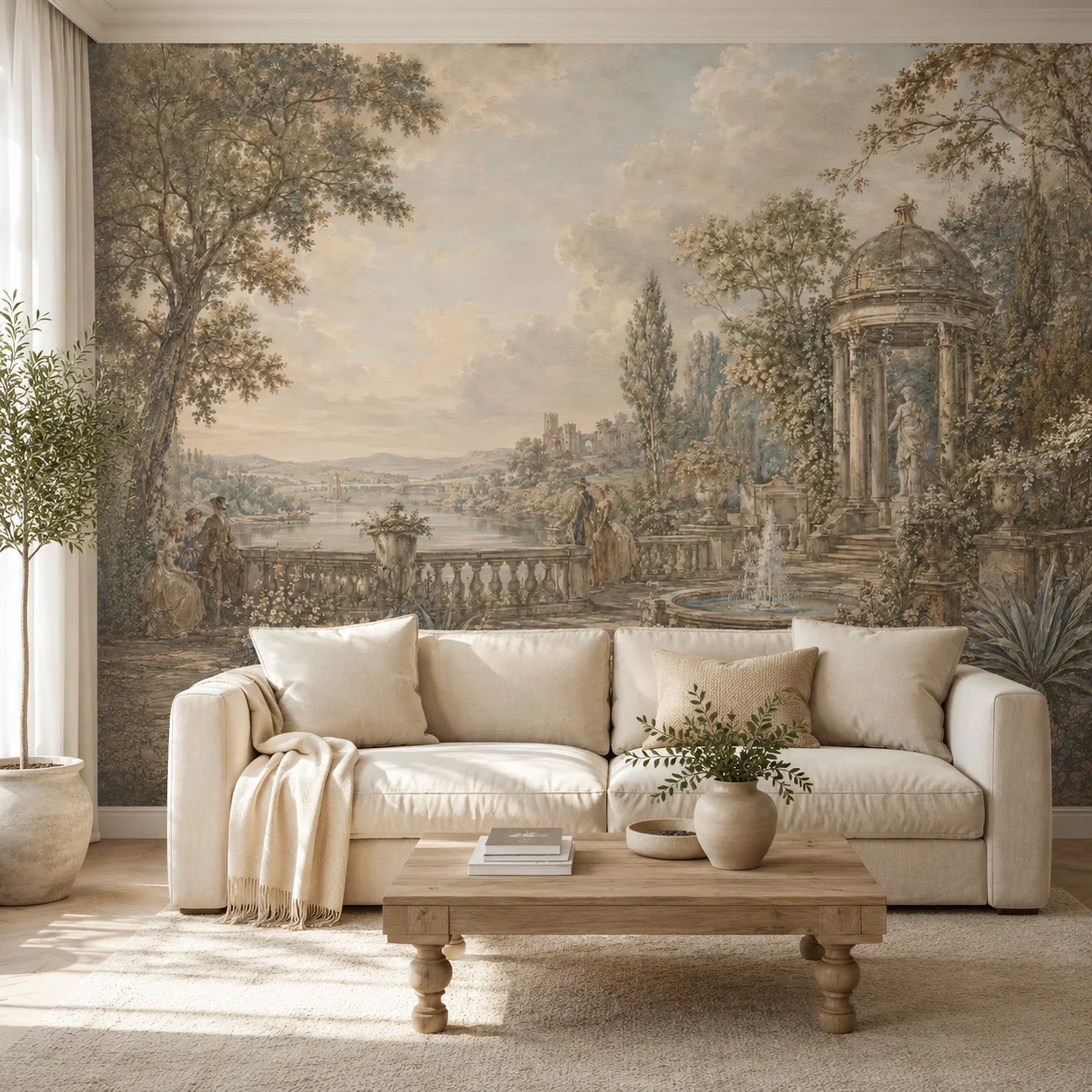 Vintage European Garden Landscape Wall Mural Wallpaper, Classical Pavilion Lake Scenic Art for Living Room, Paste Required