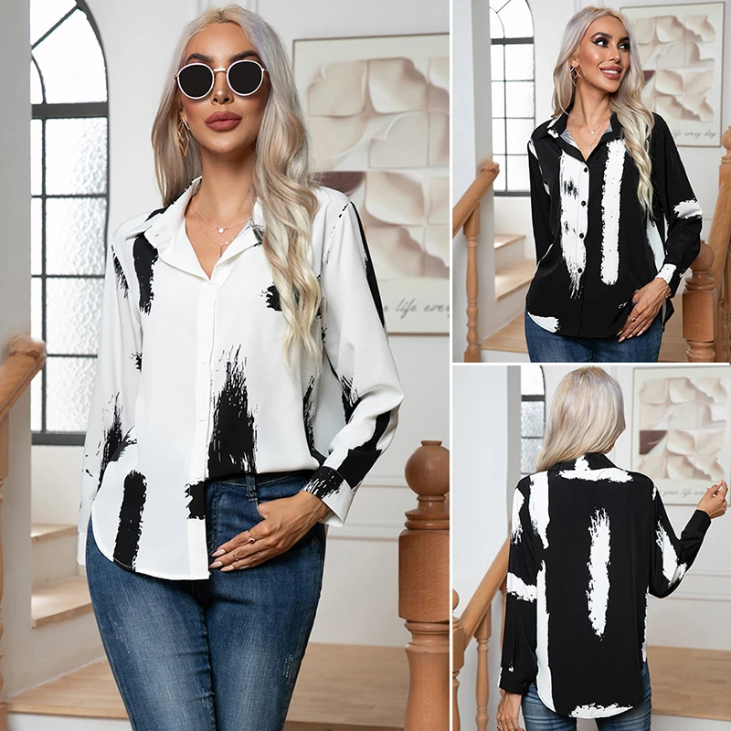 Lente Herfst Vrouw Kleding Geometrische Patroon Print V-Hals Knoop T-Shirt Mode Nieuwe Losse En Comfortabele Lange Mouw Tops