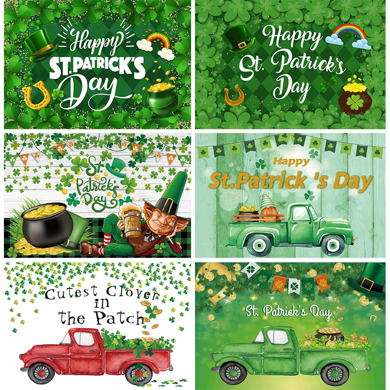 

St Patricks Day Decorations Wooden Board Backdrop Truck Car Irish Shamrock Gold Coin Green Hat Leprechaun Party Photo Background