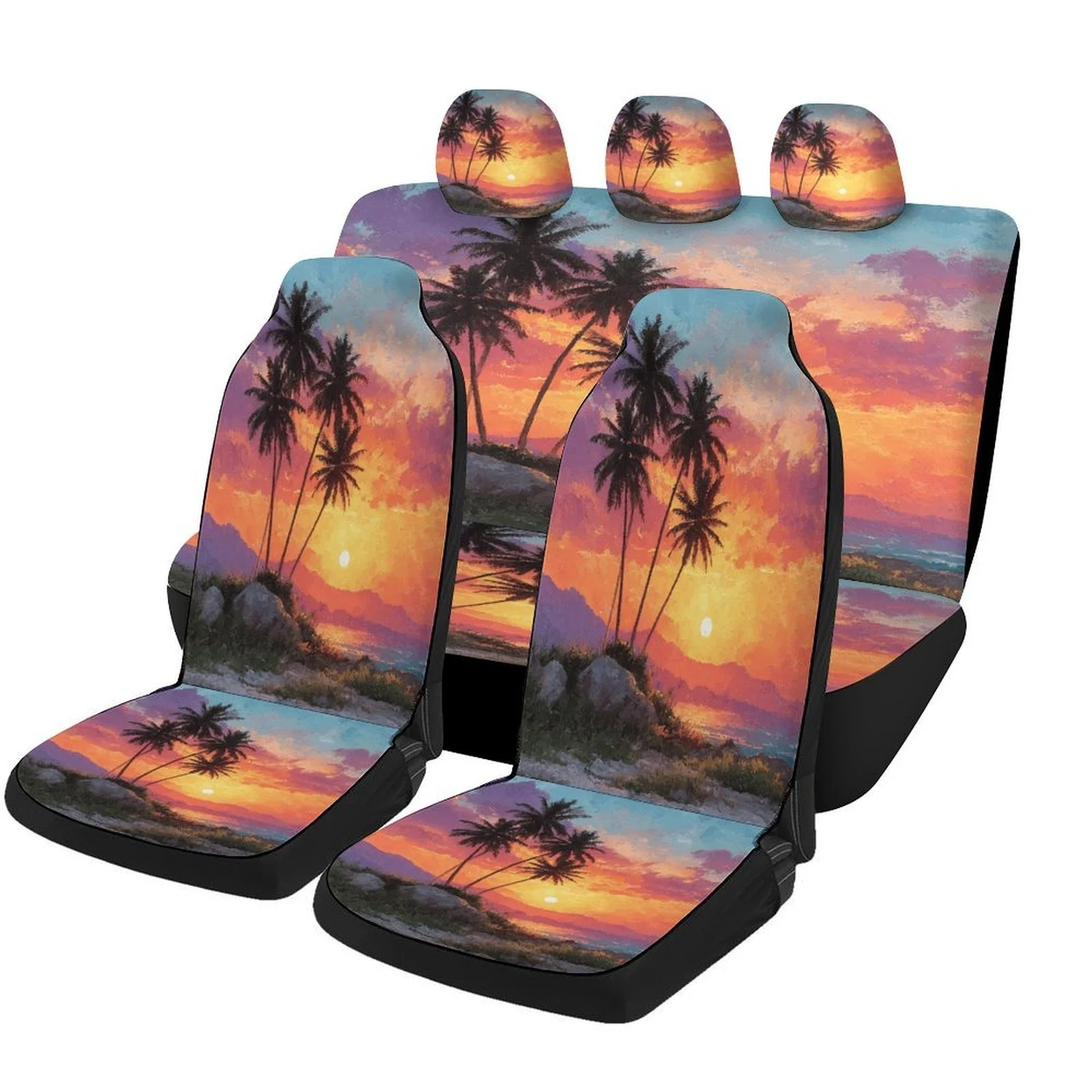 

Tropical Palm Tree Sunset Beach Car Seat Cover Set - Vibrant Sunset Design, Durable Polyester, Machine Washable, Fits Most Cars,