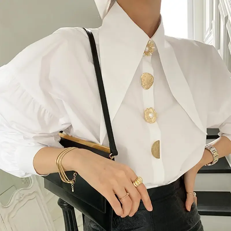

White Elegant Pearl Women Shirts Korean Sharp Corner Collar Loose Blouse Office Ladies Trendy Blouse Y2k Fashion New Chic Tops