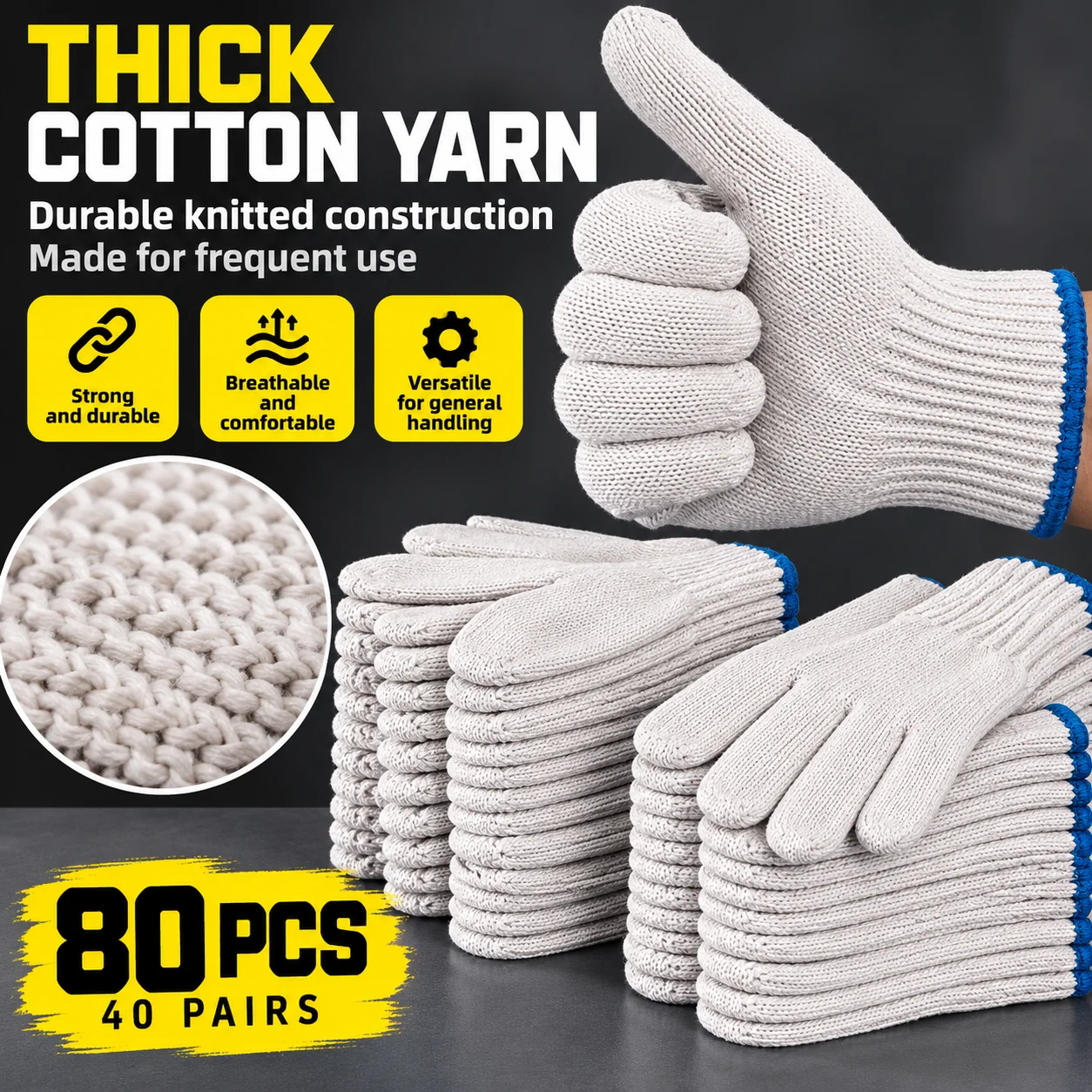 Nylon - Algodón Labor - Guantes de protección con hilo blanco - Resistente al desgaste, engrosado, puro - Algodón, para hombres