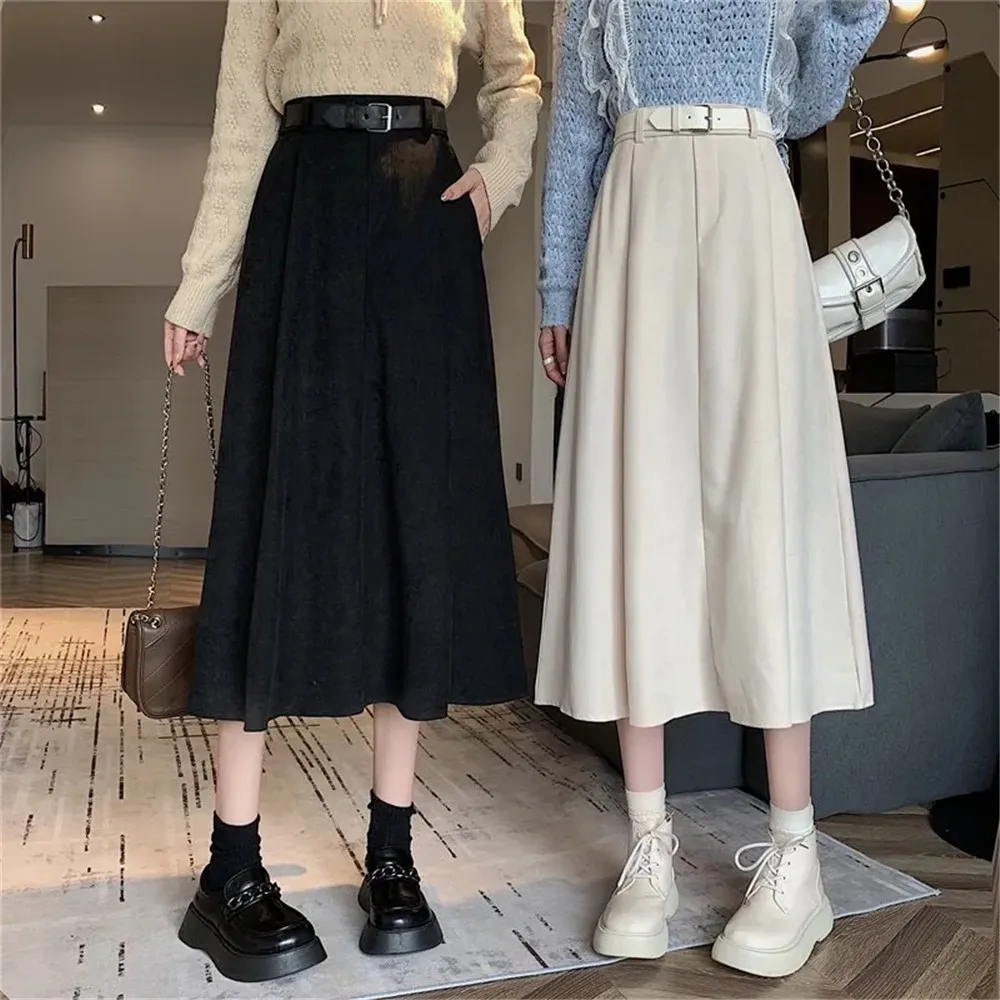 

Midi Skirts Women With Belt Pure Temperament Loose Casual Autumn Winter Retro Lady Classic Empire Korean High Waist Basic Faldas