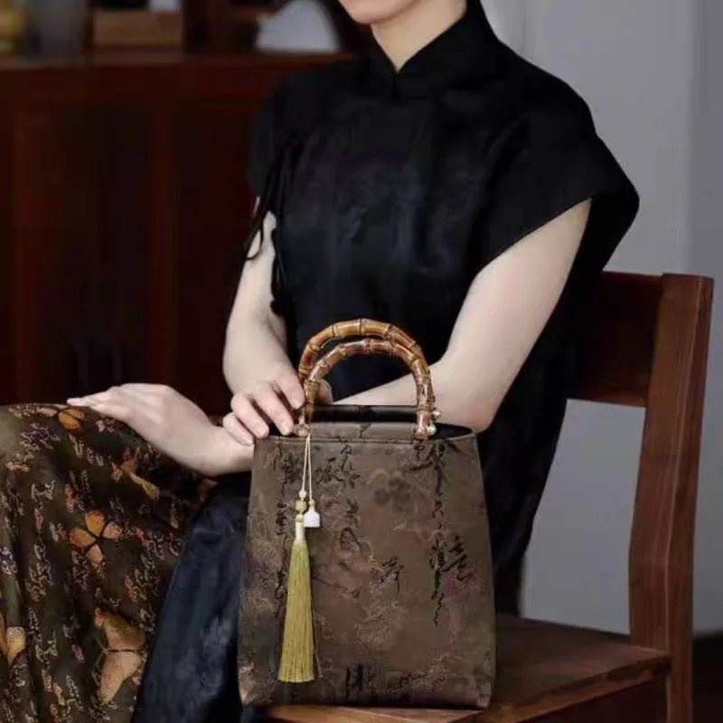 Retro Fragrant Cloud Yarn Bamboo Joint Cheongsam Handbag New Chinese Ancient Style Hanfu Style Women\'s Bag Top-Handle Bags