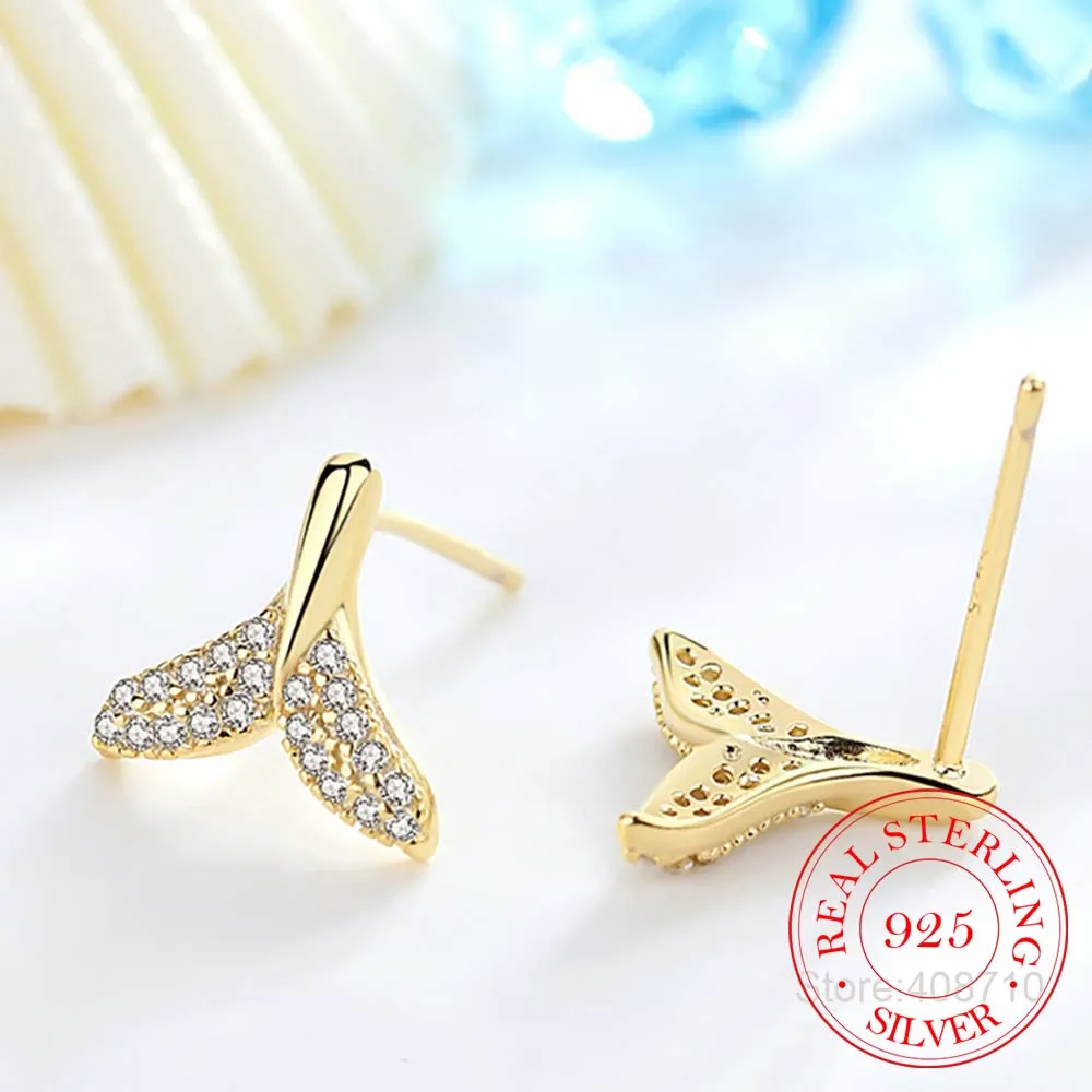 925 Sterling Silver Mermaid Stud Earrings for Women Girls 2022 New Trendy Fishtail Clear Crystal pendientes aretes de mujer Gift