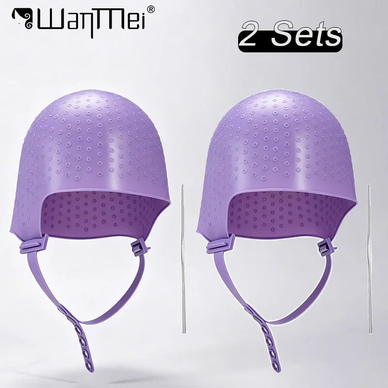 2 Sets Silicone Hair Highlighting Cap with Crochet Hook, Reusable Hair Coloring Cap for Highlights and Salon Styling