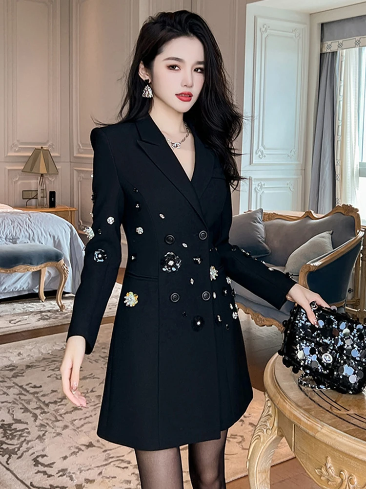 Exquisite Luxury Black Suit Coat Women\'s French Diamond Sequin Flower OL Professional Business Jacket Femme Outerwear Party Tops