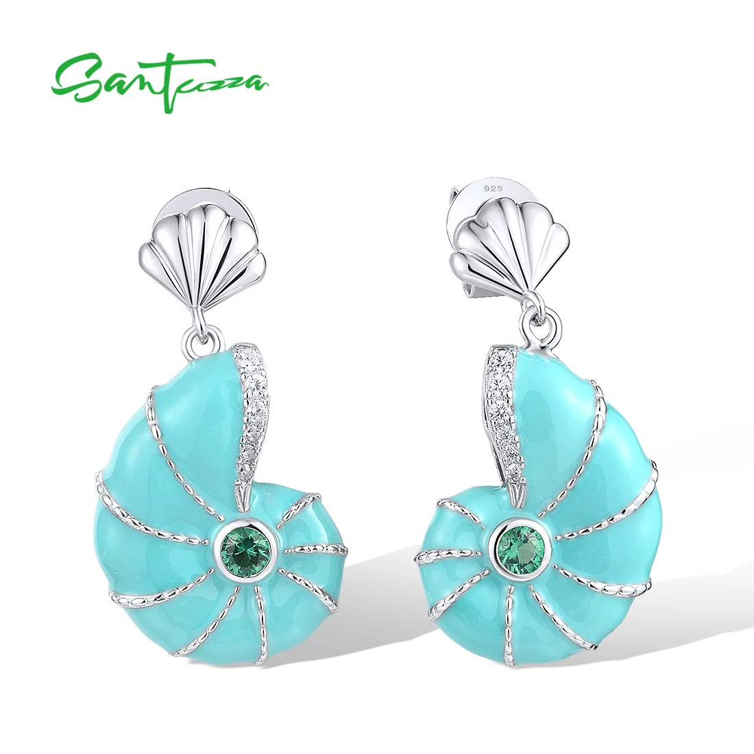 

SANTUZZA Pure 925 Sterling Silver Stud Earrings For Women Sparkling Green Spinel Enamel Sea Snail Mondern Party Fine Jewelry Set