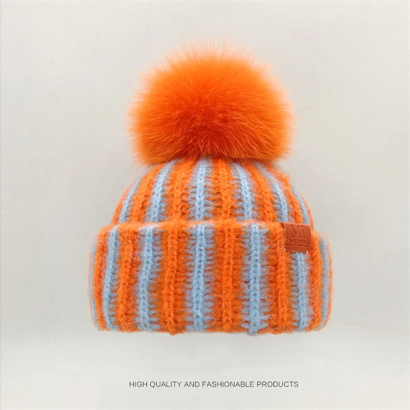 

Real Fox Fur Pompom Hat For Women Striped Warm Knitted Hats Winter Girls Fox Ball Beanies Skullies Outdoor Female Cap