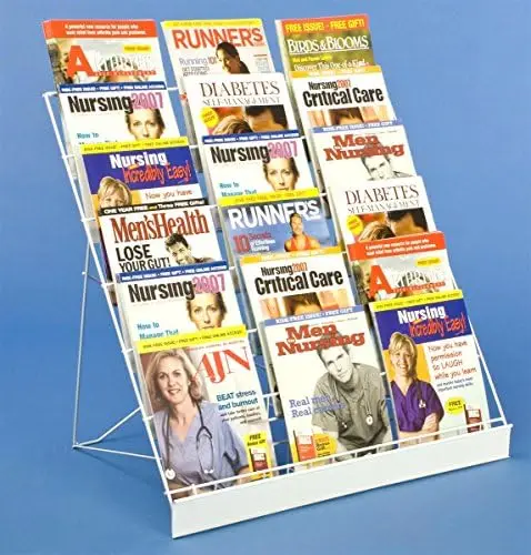 6‑Tier Wire Countertop Literature Rack, White Wire Book & Magazine Display Stand with Open Shelves and Sign Channel