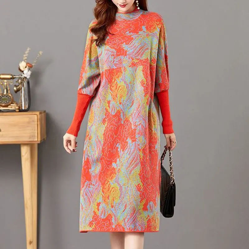 

Folk Tie Dye Printed Midi Dress Contrasting Colors Women's Clothing Casual Half High Collar Autumn Winter Loose A-Line Dresses