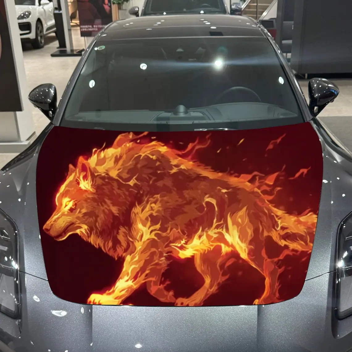 ملصق تغليف غطاء محرك السيارة Blazing Flame Wolf Soul، مادة PVC، طلاء ذاتي اللصق مقاوم للماء، طلاء مضاد للانزلاق، ديكور خارجي للسيارة