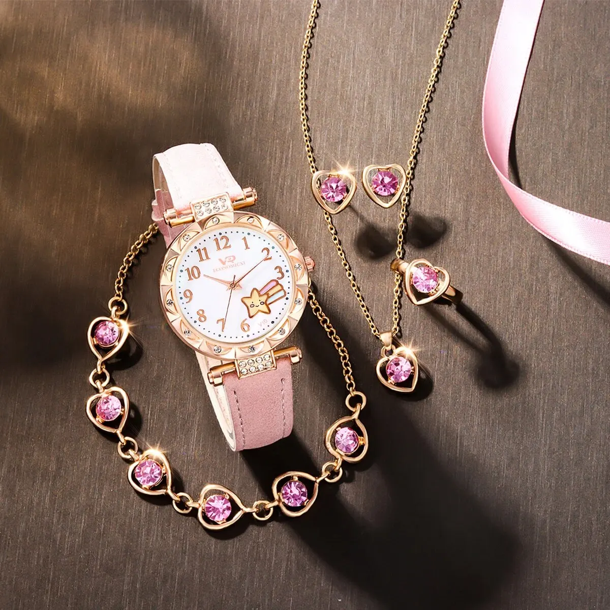 6Pcs Ladies Fashion Simple Designer Starry Rainbow Digital Rhinestone Leather Quartz Watch Luxury Love Necklace Jewelry Set