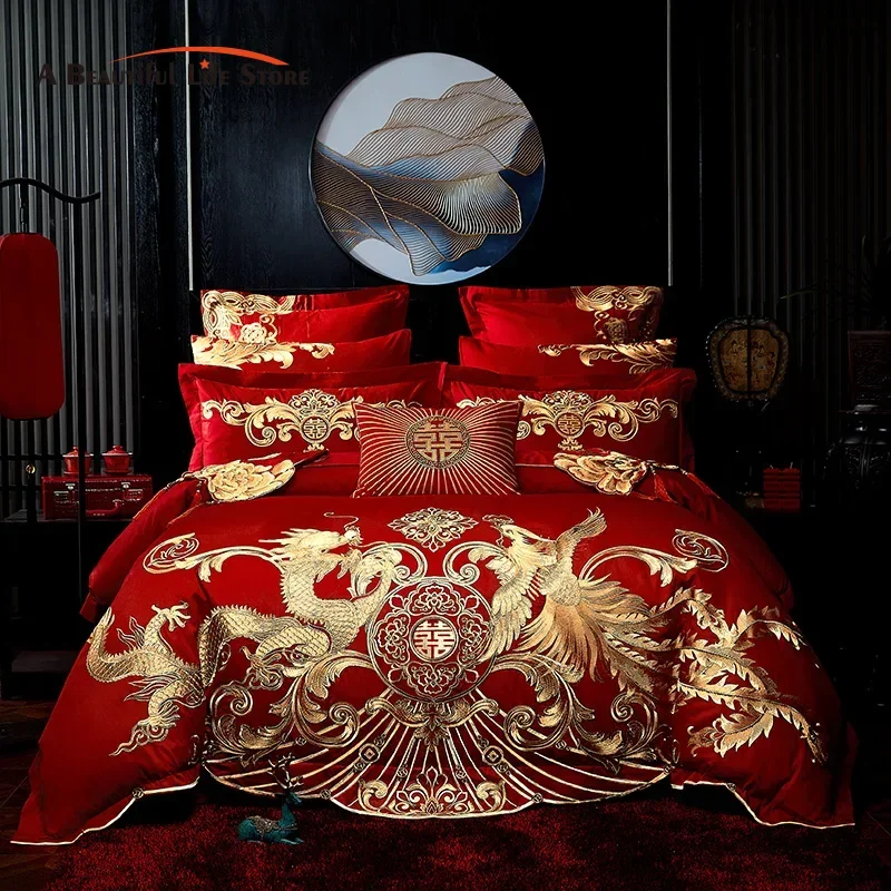 

4/6/9Pcs Red Chinese Wedding Luxury Gold Phoenix Loong Embroidery Bedding Set, 100% Cotton, Duvet Cover, Bed Sheet, Pillowcases