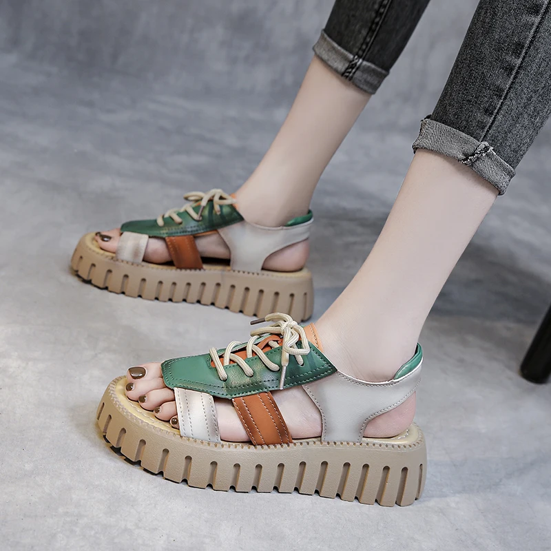 

2022 New Mixed Colors Women Sandals Wedges Heel Open Toe Lace-up Genuine Leather Casual Platform Sandals Women Summer Shoes