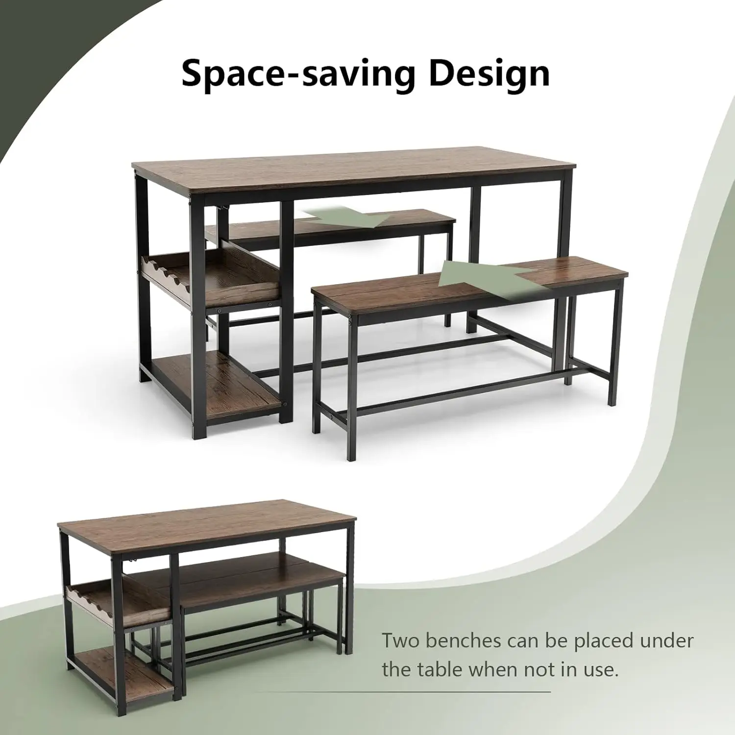 Ensemble de table à manger 3 pièces pour 4, table à manger de pub rustique avec 2 bancs, 2 étagères de rangement et porte-verre, petit-déjeuner